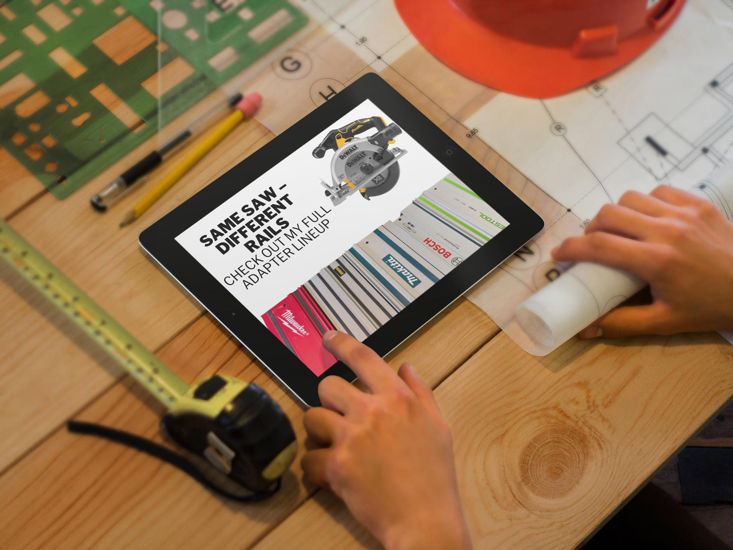 A tablet displaying a video tutorial about different types of saws, with a person's hands operating the tablet and a construction site visible in the background.